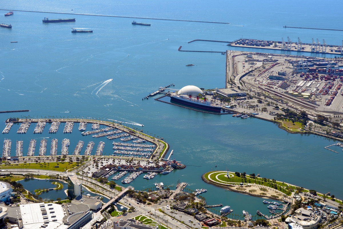 Aerial view of a shipping port